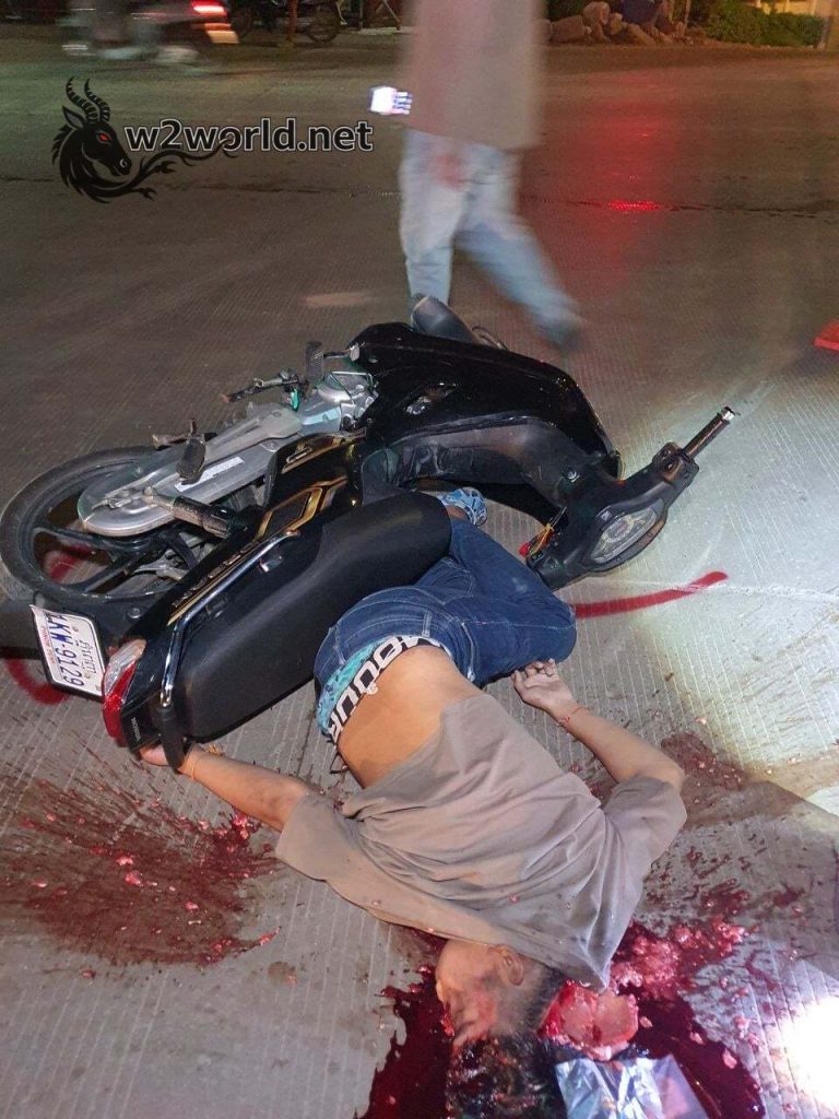 Horrific Phnom Penh Motorcycle Crash: Man's Skull Crushed by Truck, Brain Spills onto Road 01
